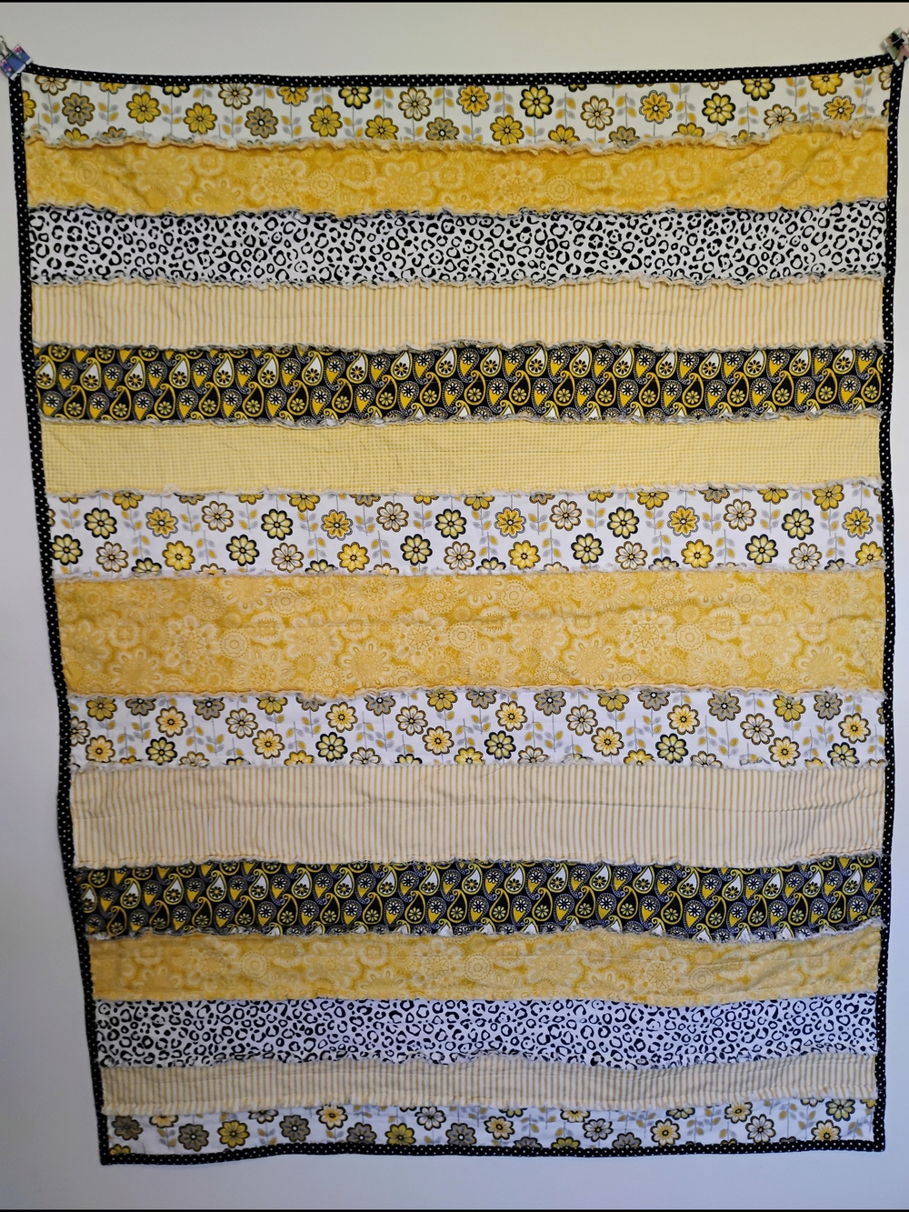 Handmade Cotton Rag Lap/Crib Yellow/Black Floral Stripe Quilt 39" X 50"